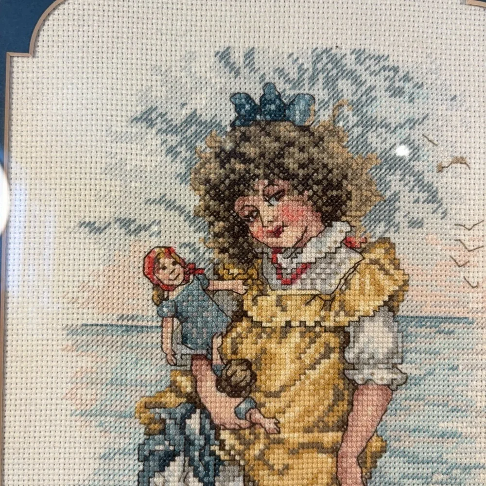 Handmaid Seaside Framed 21x14”Cross Stitch Girl w/ Dolls Beach Scene Vintage